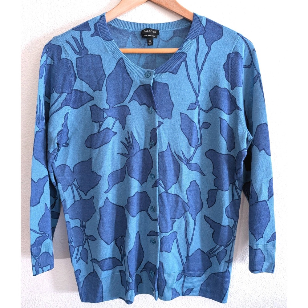 Talbots Pure Merino Wool Blue Botanical Floral Print Cardigan Sweater Medium M